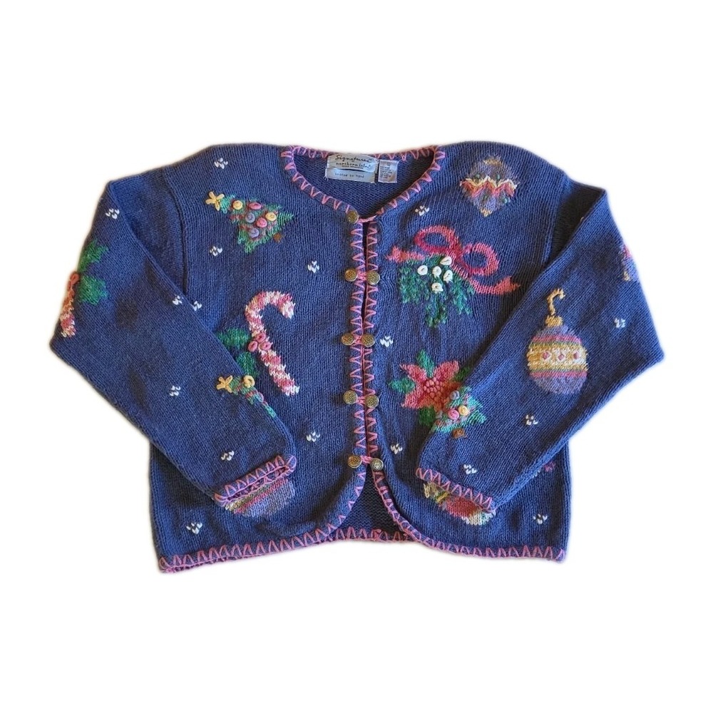 VTG Signaturs By Northern Isles Cardigan XL Hand Knit Christmas Folk Art Granny
